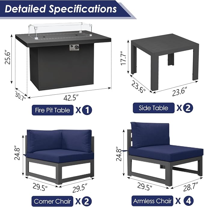 RADIATA 9 Piece Large Modern Aluminum Outdoor Patio Furniture Set with Fire Pit Table, 29" Wide Deep Seat, Rust Proof Comfy Sectional Sofa with Coffee Table, 500 lbs Sturdy Conversation Set, Navy Blue