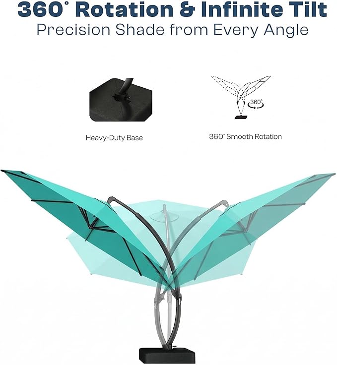 11 FT Cantilever Umbrella with Base Included, Large Round 360° Rotation Offset Umbrella Outdoor Patio, Heavy Duty Aluminum Frame, Sand-Weighted Stand, for Deck, Backyard, Pool, Garden (Turquoise Blue)