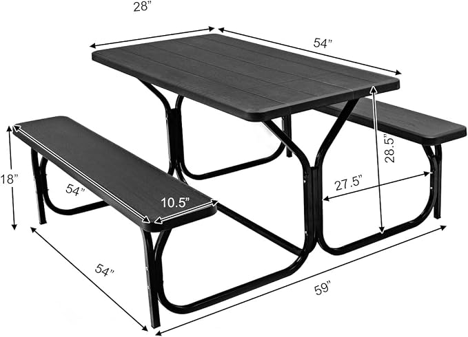 Picnic Table, Camping Portable Picnic Table Bench Set for 4 Persons, Heavy-Duty Steel Frame & Resin Tabletop, All Weather Outdoor Picnic Tables for Patio Travel BBQ Party Garden (Black)