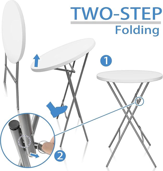 32in Cocktail Table, Plastic Folding Round High Top Indoor Outdoor Use, Foldable Bar Height Table for Parties and Commercial Events (White)