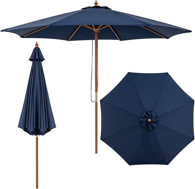 HAPPYGRILL 9 FT Patio Umbrella, Outdoor Table Market Umbrella with 8 Sturdy Bamboo Ribs, Wood Pole, Sun-Protective Double-Tier Canopy, Air Vent, Sunshade Parasol for Garden Deck Backyard Pool (Navy)