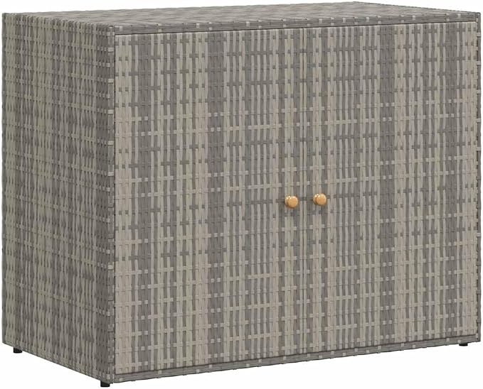 Outdoor Garden Storage Cabinet, Grey Poly Rattan Patio Deck Box with Double Doors, Large Tool Organizer for Balcony Terrace and Backyard, 39.4 x 39.4 x 31.5 in