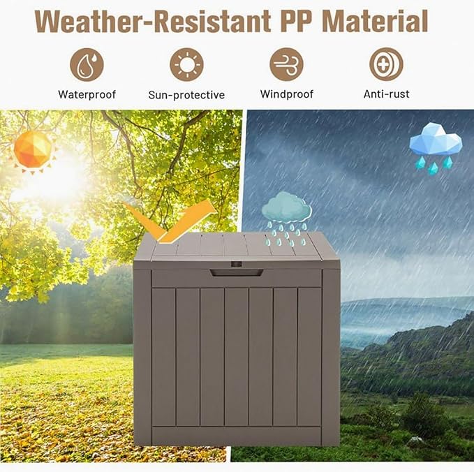 Light Brown 30-Gallon Deck Box Storage with Woodgrain Texture, 22x17x21in for Patio & Garden - Waterproof Lid, UV-Resistant