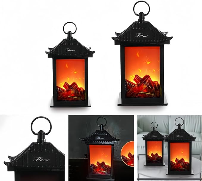 Simulated LED Fireplace Lantern Battery Powered Flameless Light with Simulation Flame Table Decorative Lamp Mini Fireplace Ornament for Cozy Home Decor Free Standing Electric Log Burner