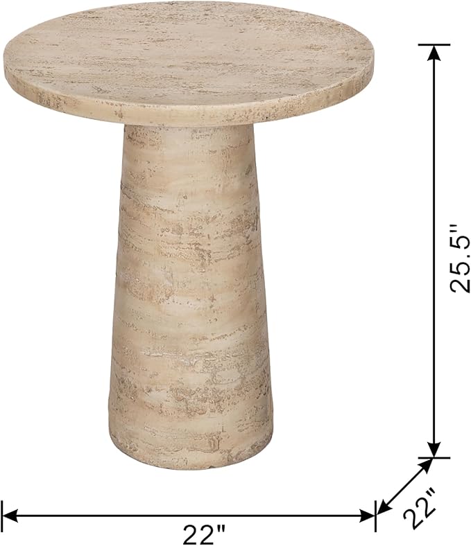 Faux Stone Side Table Round End Table Patio Small Drink Table for Small Spaces, Rustic Circle Pedestal End Tables Farmhouse Nightstand for Living Room Bedroom Corners Office Outdoor (Cream)