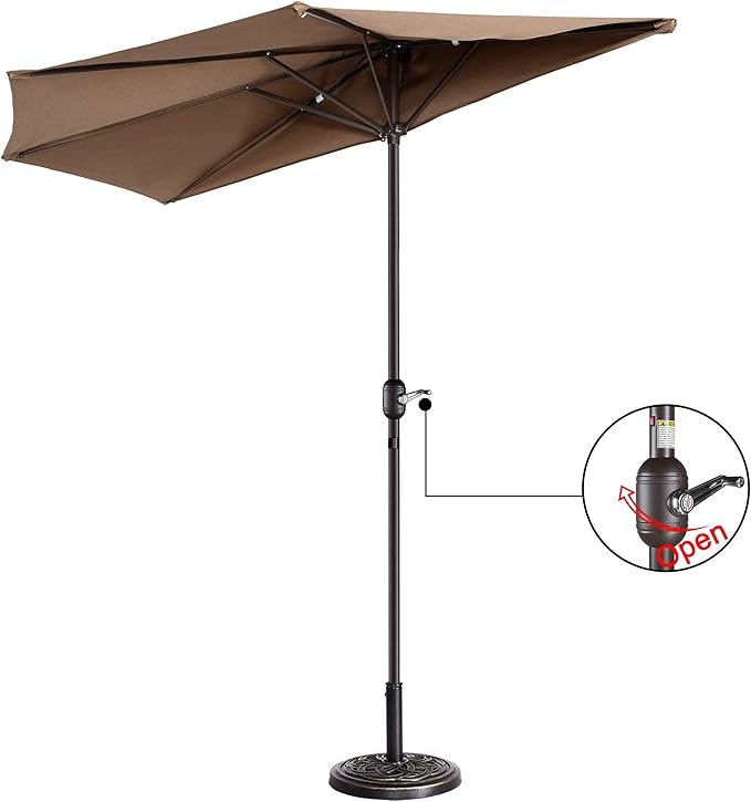 9' Outdoor Patio Half Umbrella with 5 Ribs, Fade Resistant Condo or Townhouse Umbrella by Pure Garden (Brown)