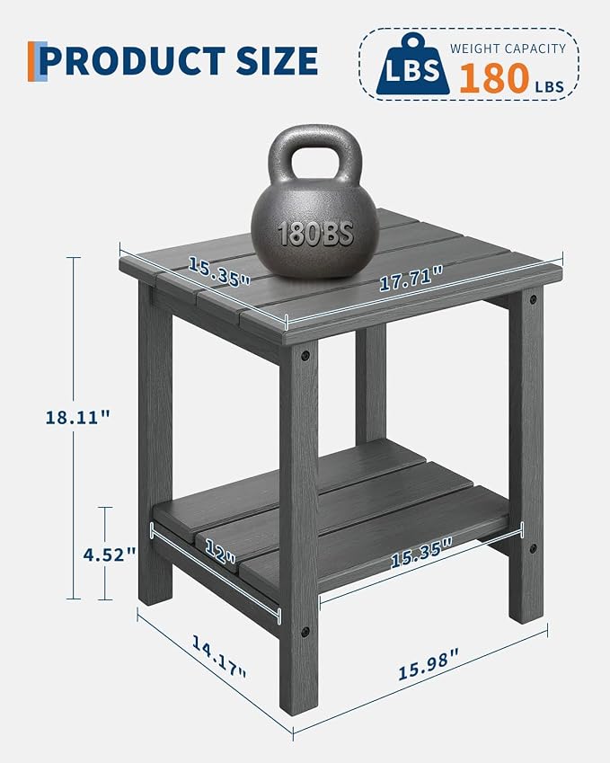 Takywep Adirondack Outdoor Side Table 18 x 15 in, HDPE 2-Tier Patio Side Table, All-Weather End Table for Patio, Pool Deck, Indoor & Backyard, Gray