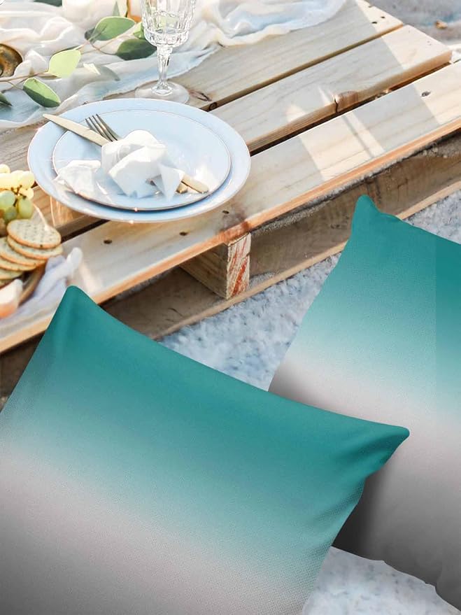Outdoor Waterproof Throw Pillow Covers Set of 2 Green and Grey Ombre Pillowcases 24x24 Inches Teal Gradient Color Patio Decorative Pillows Cushion Case Patio Pillows for Couch Bed Chair Garden