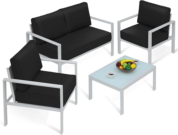 Athena Collection Patio Bistro Set Table and Chairs Set of 4, Outdoor Furniture Set Heavy Duty Conversation Sets Metal Loveseat with Upholstered Seat and Cushions, Black