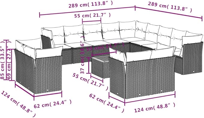 vidaXL Patio Sofa Set with Cushions 14 Piece, Outdoor Conversation Set, Patio Furniture Set for Balcony Garden, Modern Style, Gray Poly Rattan