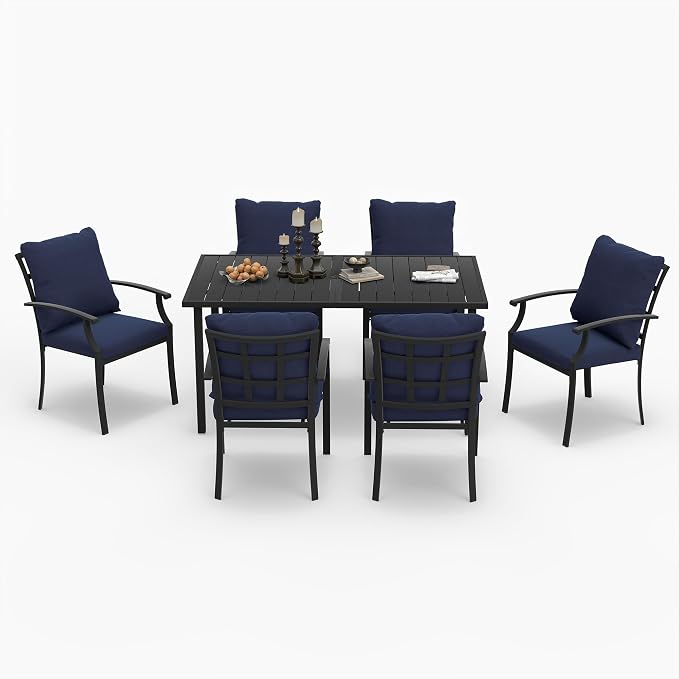 HAPPATIO 7-Piece Patio Dining Set, Outdoor Dining Set with Powder-Coated Metal,Dining Table with Umbrella Hole, 6 Stackable Chairs with Removable Cushions for Porch Poolside Garden, Navy Blue