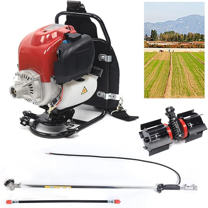 35.4cc 4-Stroke Versatile Backpack Grass Trimmer, 1.4HP Gas Powered Weed Wacker w/Shock-Absorbing Frame, Knapsack Micro Tiller Lawn Mower for Farmland Weeding, Harvesting, Clearing, Ditching