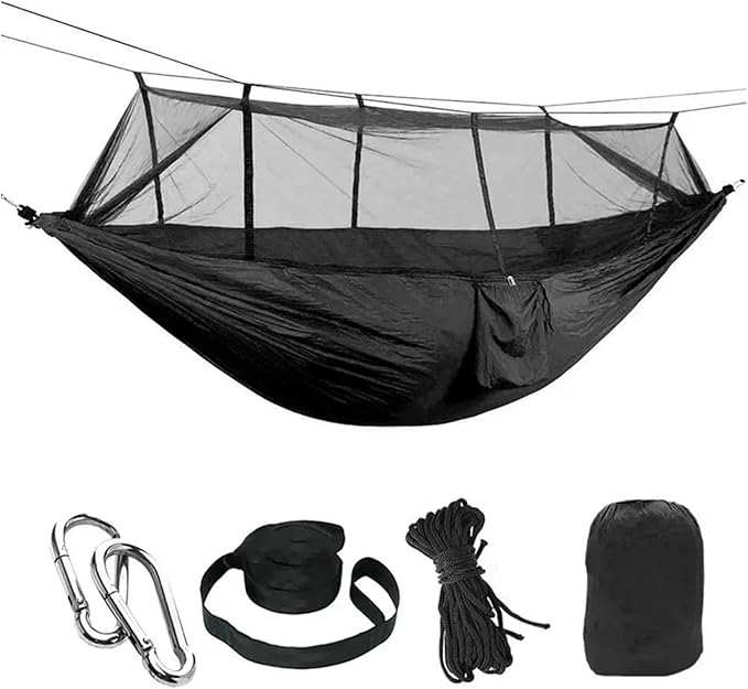 Hammock Camping Hammock with Net, Lightweight Portable Double Parachute Hammocks, High Capacity & Tear Resistance for Backyard,Hiking Camping Essentials (Color : Black)