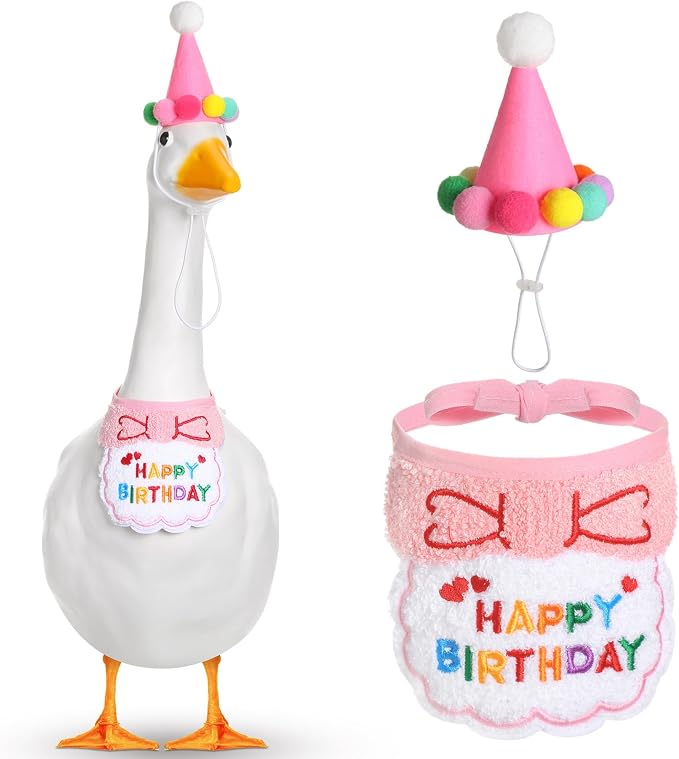 Abbylike Happy Birthday Goose Outfit Lawn Porch Goose Outfits with Party Hat Bandana for 23" 17" Cement Plastic Duck Decor(Pink)