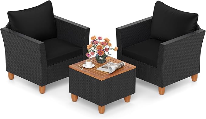 HAPPYGRILL 3 Pieces Patio Conversation Set with Storage Coffee Table, Outdoor PE Rattan Wicker Furniture Set with Cushions, Acacia Wood Patio Furniture Set for Balcony Backyard Porch Garden