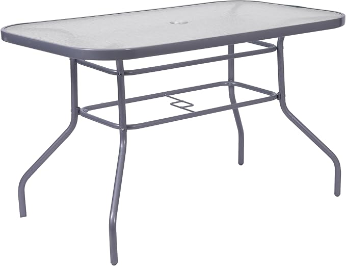 EMMA + OLIVER Tala Patio Dining Table - Silver Metal Frame - 31.5" x 55" Square Tempered Glass Top - Umbrella Hole - Suitable for Indoor/Outdoor Use