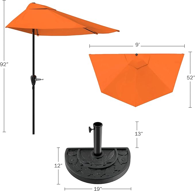 Pure Garden Half Round Patio Umbrella with Easy Crank – Compact 9ft Semicircle Outdoor Shade Canopy for Balcony, Porch, or Deck (Terracotta)