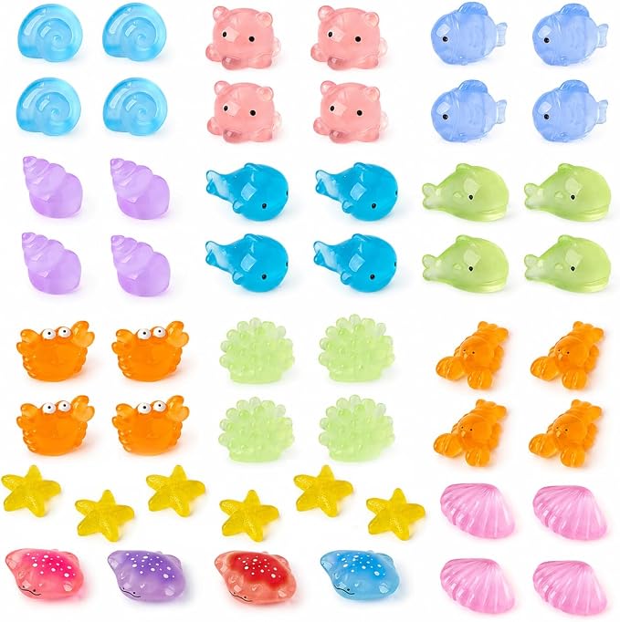 50Pcs Mini Resin Sea Animals Figurines, Tiny Ocean Figures Variety Pack, Small Luminous Bulk Glow in the Dark, Miniature Sea Creatures for Crafts Tank Aquarium Garden Mini Landscaping Decor