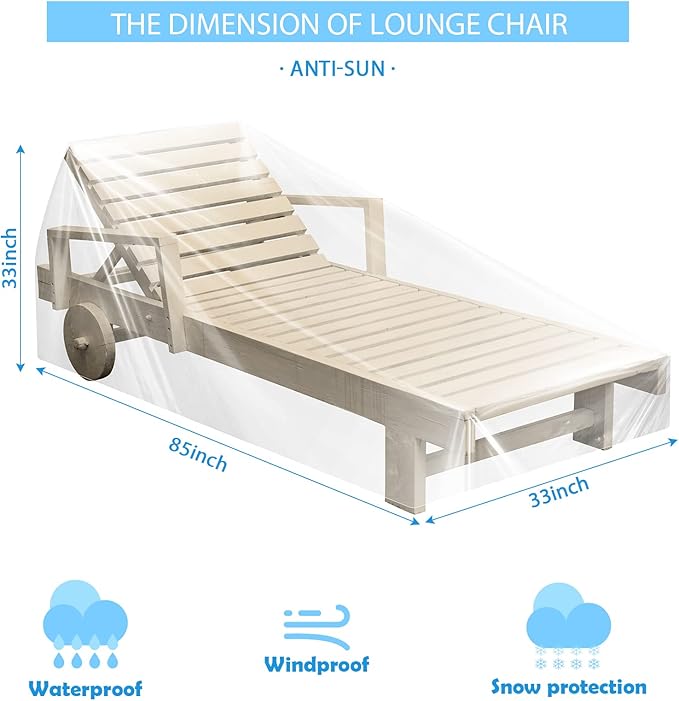 Tudomro 2 Pcs Clear Plastic Chaise Lounge Cover Waterproof Patio Lounge Chair Furniture Cover Heavy Duty 85L x 33W x 33H for Outdoor