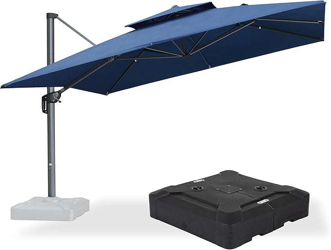 PURPLE LEAF Cantilever Umbrella with Base Included Double Top Large Offset Hanging 12FT Outdoor Square 360° Rotation Heavy Duty Umbrella for Garden Patio Deck Pool Backyard Spectrum Indigo