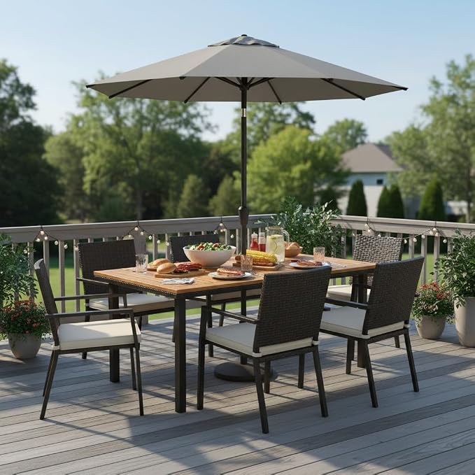 Tangkula 55 Inches Acacia Wood Patio Dining Table for 6, Rectangle Outdoor Dining Table with Metal Frame and Umbrella Hole, 6-Person Outside Table for Patio, Garden, Yard
