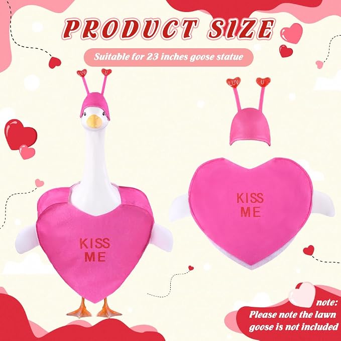 Valentine's Day Goose Outfit for 23" Porch Goose Holiday Rose Red Heart Cloths Costume Valentines Party Outdoor Garden Patio Yard Lawn Art Decoration(Kiss Me)