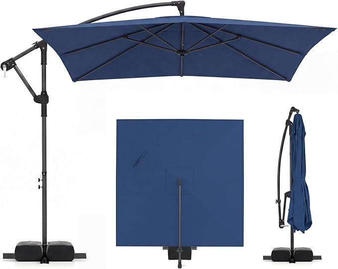 Tangkula 8x8 FT Patio Umbrella with Base Included, Square Offset Cantilever Outdoor Umbrella with 360 Degree Rotation, Crank Handle, Sandbags, 8 Ribs for Pool Deck Garden Backyard