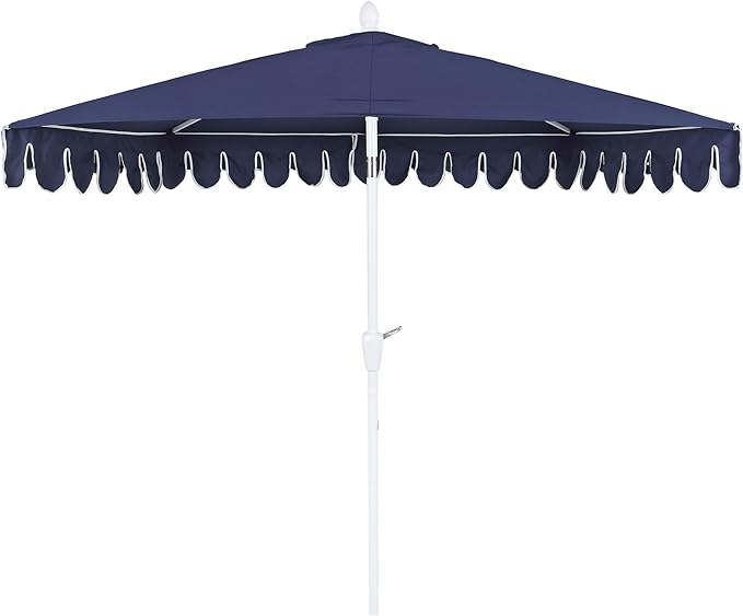 JONATHAN Y Terrace Scalloped 9 ft. Half Round Patio Umbrella with Crank Lift and Tilt, Coastal Semicircle Market Wall Umbrella for Balcony, Navy/White, White Pole UMB1202G