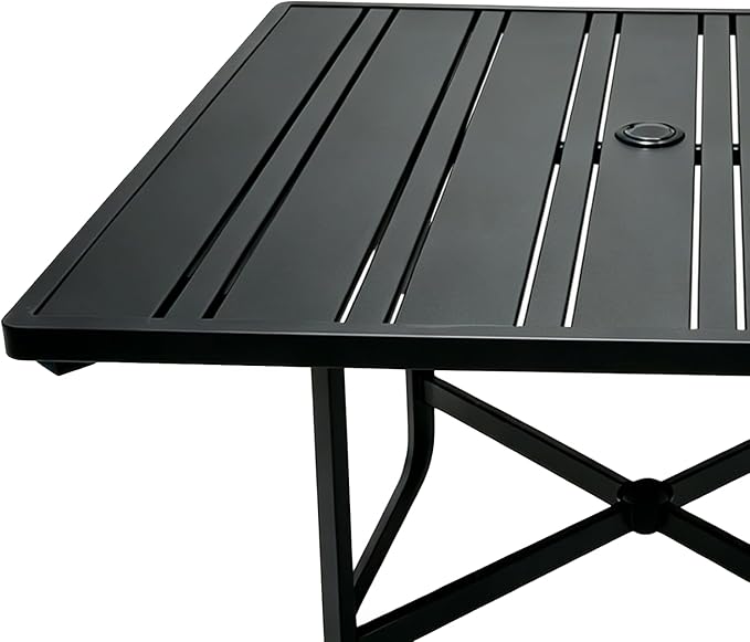 4-Seat Small Metal Square Outdoor Table with Umbrella Hole, Weather-Resistant Black Patio Dining Table for Backyard, Compact Sturdy Table with Slatted Top for Porch & Poolside
