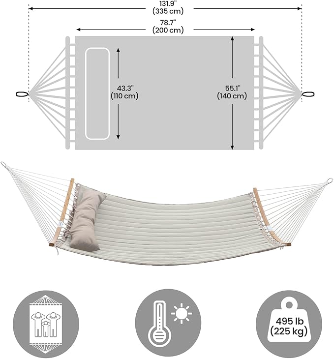 SONGMICS Hammock, Quilted Hammock with Curved Bamboo Spreaders, Pillow, 78.7 x 55.1 Inches, Portable Padded Hammock Holds up to 495 lb, Cream and Beige UGDC34BE