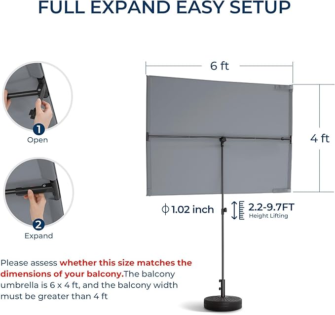 HOMSHADE 6x4ft Outdoor Balcony Umbrella - Flat Porch Pool Patio Umbrella Rectangular Canopy Shade UPF50+ UV Protection 360° Rotating & Tilting All Angles Applicable (Grey, No Base)