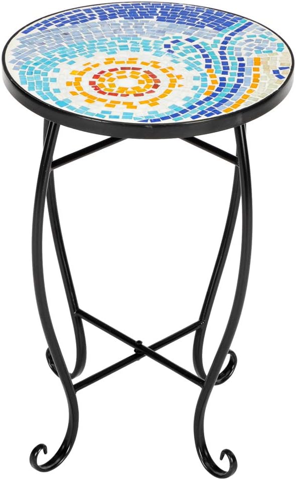 Outdoor Round Side Table,Mosaic Accent Table Plant Stand Decor,End Table for Patio Porch Beach Pool Indoor Outdoor Coffee (Sun Mosaic)