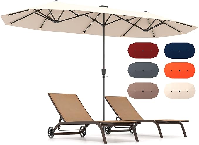 HAPPYGRILL 13 FT Double-sided Patio Umbrella with Solar Lights, Crank Handle & 12 Heavy-Duty Ribs, Outdoor Twin Size Oversized Rectangle Market Umbrella for Garden Deck Poolside
