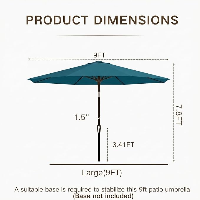 Kingdura 9FT Outdoor Patio Umbrella with Solar Lights, Market Table Umbrella with Push Button Tilt & Crank, 8 Sturdy Ribs, 32 LED Lights, UV Protection for Garden Lawn Deck Backyard Pool (Lake blue)