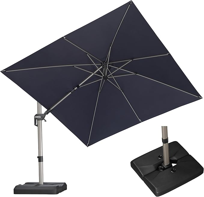 PURPLE LEAF 10' X 10' Left-right Tilting Patio Umbrella with Base Outdoor Swivel Cantilever Offset Aluminum Umbrella with Champagne Frame and 360-degree Rotation for Garden Deck Pool, Navy Blue