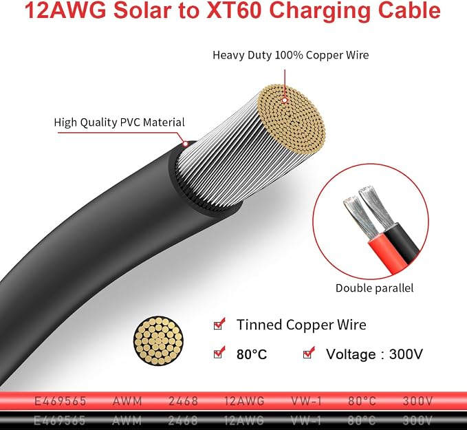 ELFCULB 12AWG Solar to XT60 Charging Cable Solar Panel Extension Cable for Portable Station River 600 Solar Generator(2FT)