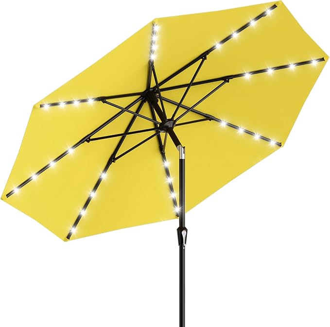 AreShark 9FT Patio Umbrella with Solar Lights, 32 Lighted Pool Umbrella w/Tilt and Crank, Outdoor Market Solar Umbrellas for Garden, Deck, Backyard, Pool and Beach, Yellow
