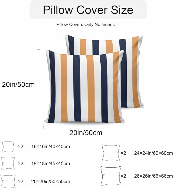 Burnt Orange Navy Blue Striped Waterproof Outdoor Pillow Covers Set of 2 Home Decor, Farmhouse Stripe Art Pillowcase Patio Pillow Covers for Couch Bench Furniture Garden 20x20in