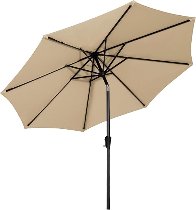 MEWAY 9ft Patio Umbrella Outdoor Table Umbrellas with Push Button Tilt and Crank, Market Umbrella 8 Sturdy Ribs for Deck, Garden, Pool and Backyard, Tan