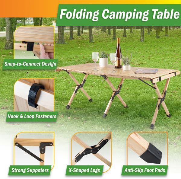 Foldable Camping Table - 4ft Roll-Up Portable Picnic Table with Carry Bag - Indoor/Outdoor Low Height Travel, Party, or Beach Table by Wakeman Outdoors (Natural Wood)
