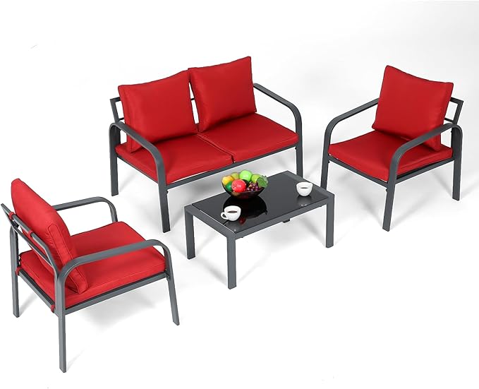 Athena Collection Patio Furniture Set 4 Pieces Outdoor Conversation Sets with Coffee Table & Cushions, All Weather Bistro Chairs Set for Balcony, Lawn, Garden, Poolside, Red