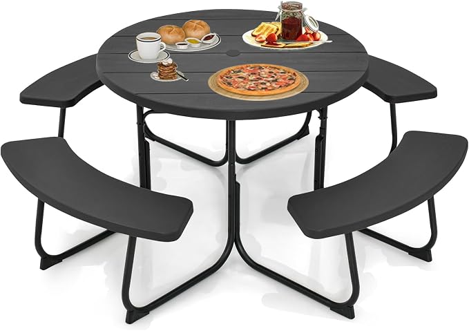 Round Picnic Table for 8 Person, Outside Table Bench Set w/ 4 Built-in Benches, Umbrella Hole, HDPE Top & Metal Frame, 2000LBS Capacity Outdoor Picnic Table for Garden, Porch, Patio (Black)