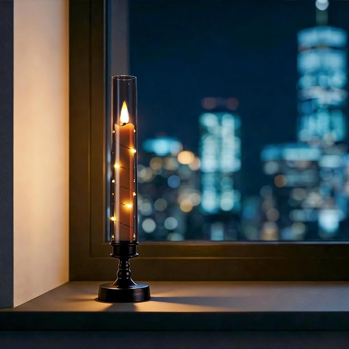 6 PCS Flameless Candles with Timer, Flickering Flameless LED Pillar Candles for Romantic Ambiance with Embedded Star String, Acrylic Battery Perated Fake Candles for Home Decoration (Black)
