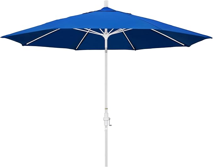 California Umbrella 11Ft Fiberglass Rib Patio Umbrella, Hand-Crank, Tilt-Collar, White Frame, Solution Dyed Royal Blue Fabric