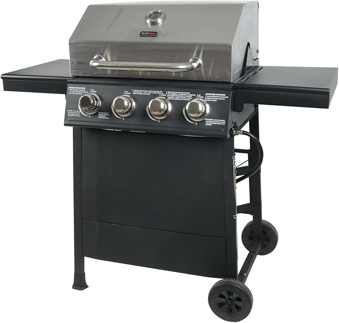 Grill Boss 4-Burner Outdoor Propane Gas Grill with Side Shelves, Stainless Steel Lid, Push Ignition, Warming Rack, Wheels, Black