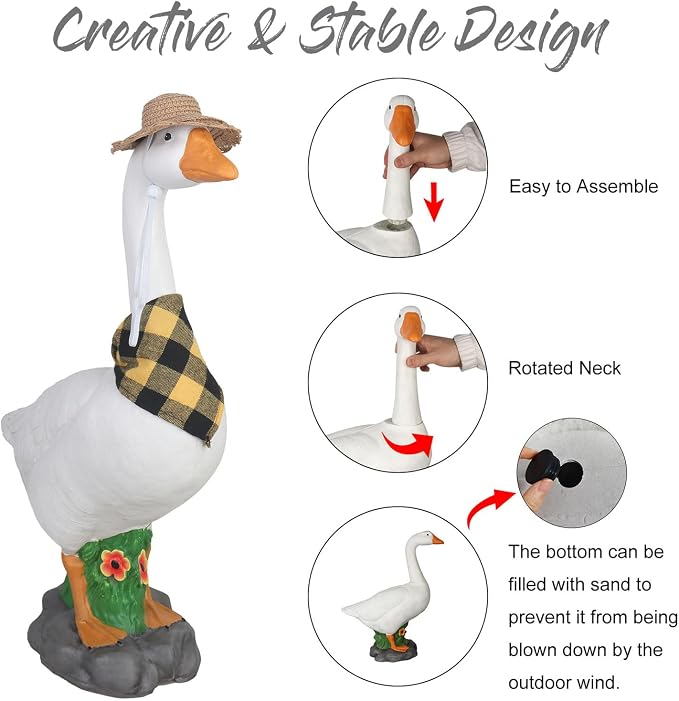 PARTYGEARS 23" Porch Goose Statue with Accessories, Hollow Plastic Garden Decor, Adjustable Neck, Sand-Fillable Base with Straw Hat & Yellow Scarf – Outdoor Decorations for Yard, Lawn Decor