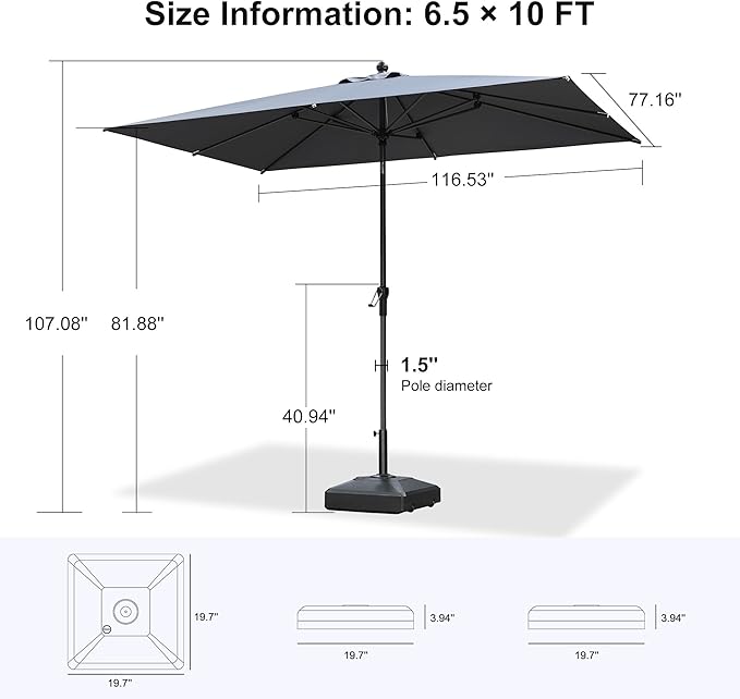 PURPLE LEAF 10' x 6.5' Rectangle Patio Market Umbrella with Base Outdoor Table Umbrellas Aluminum Frame Sun Shade with 8 Sturdy Ribs Tilt for Garden Deck Lawn Pool Light Gray