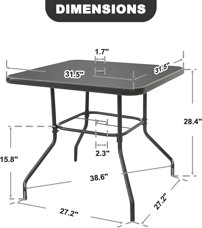 NUU GARDEN 31.5 Inch Square Patio Dining Table, Outdoor Table with Tempered Glass Top and Umbrella Hole, Patio Furniture for Balcony Backyard Poolside, Black