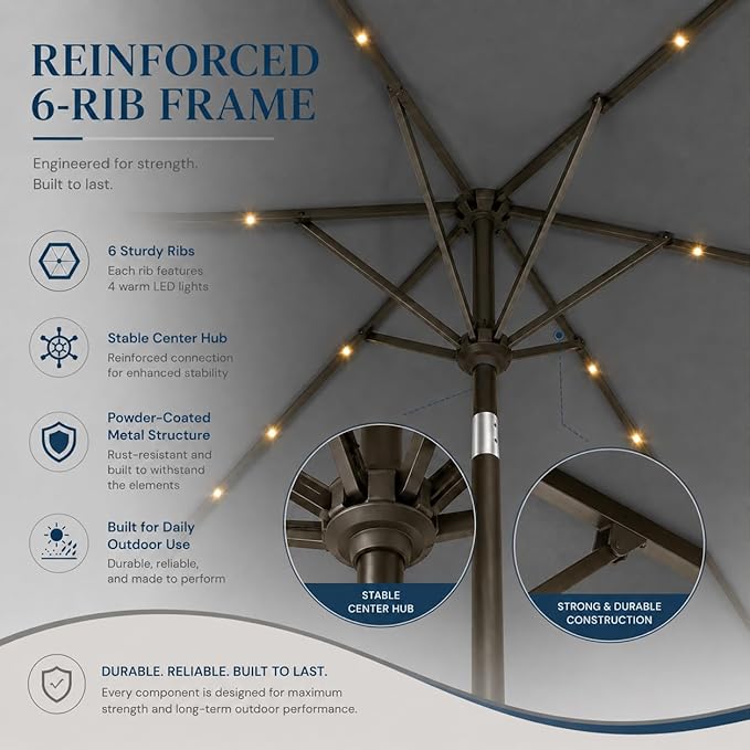 6.5 x 10ft Rectangular Patio Umbrella with Solar Lights, 16 LED Lighted Market Umbrella with Push-Button Tilt and Crank, 6 Sturdy Iron Ribs for Garden, Deck, Pool, Gray