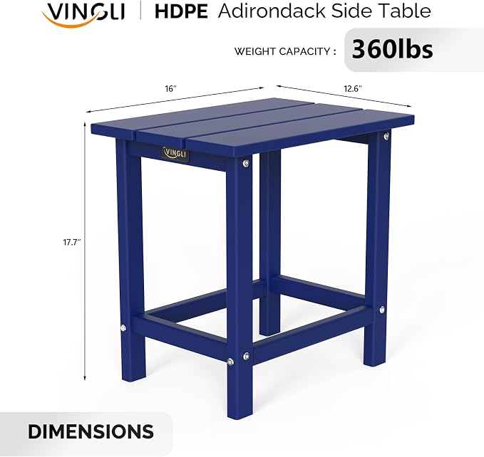 VINGLI Outdoor Patio Side Table, Plastic Waterproof HDPE Adirondack Coffee End Tables, All Weather for Patio, Backyard, Pool, Indoor Use (Navy Blue)